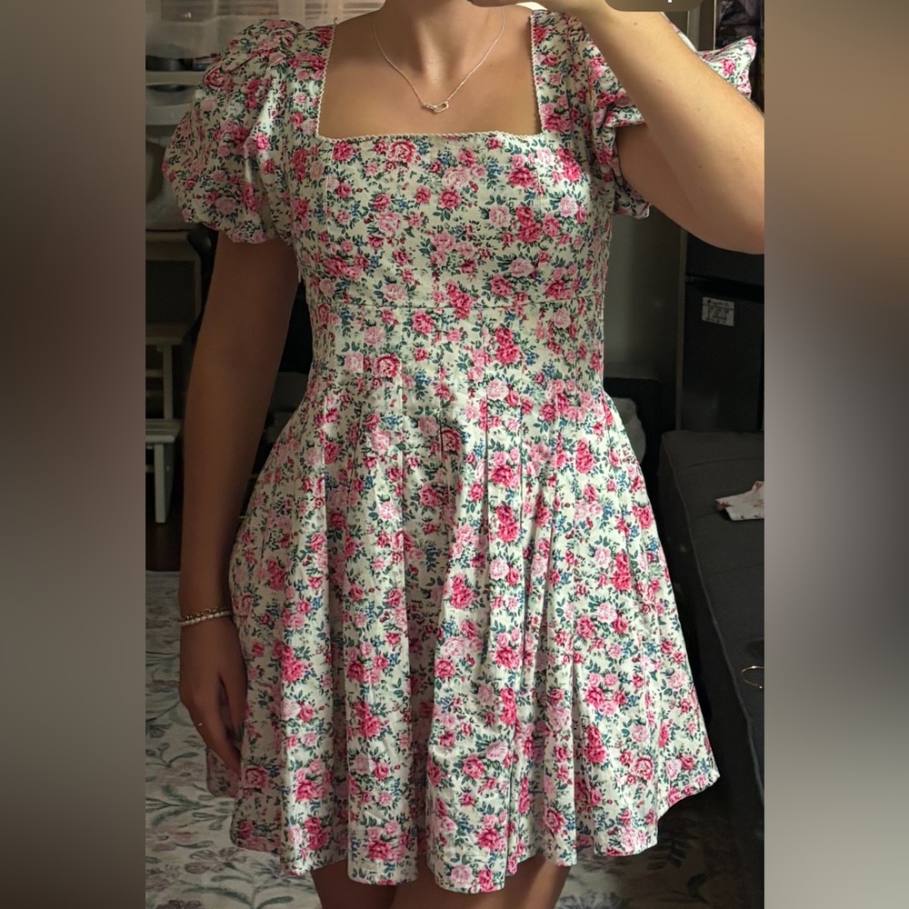 Floral Puff Sleeve Mini Dress - Pink and White